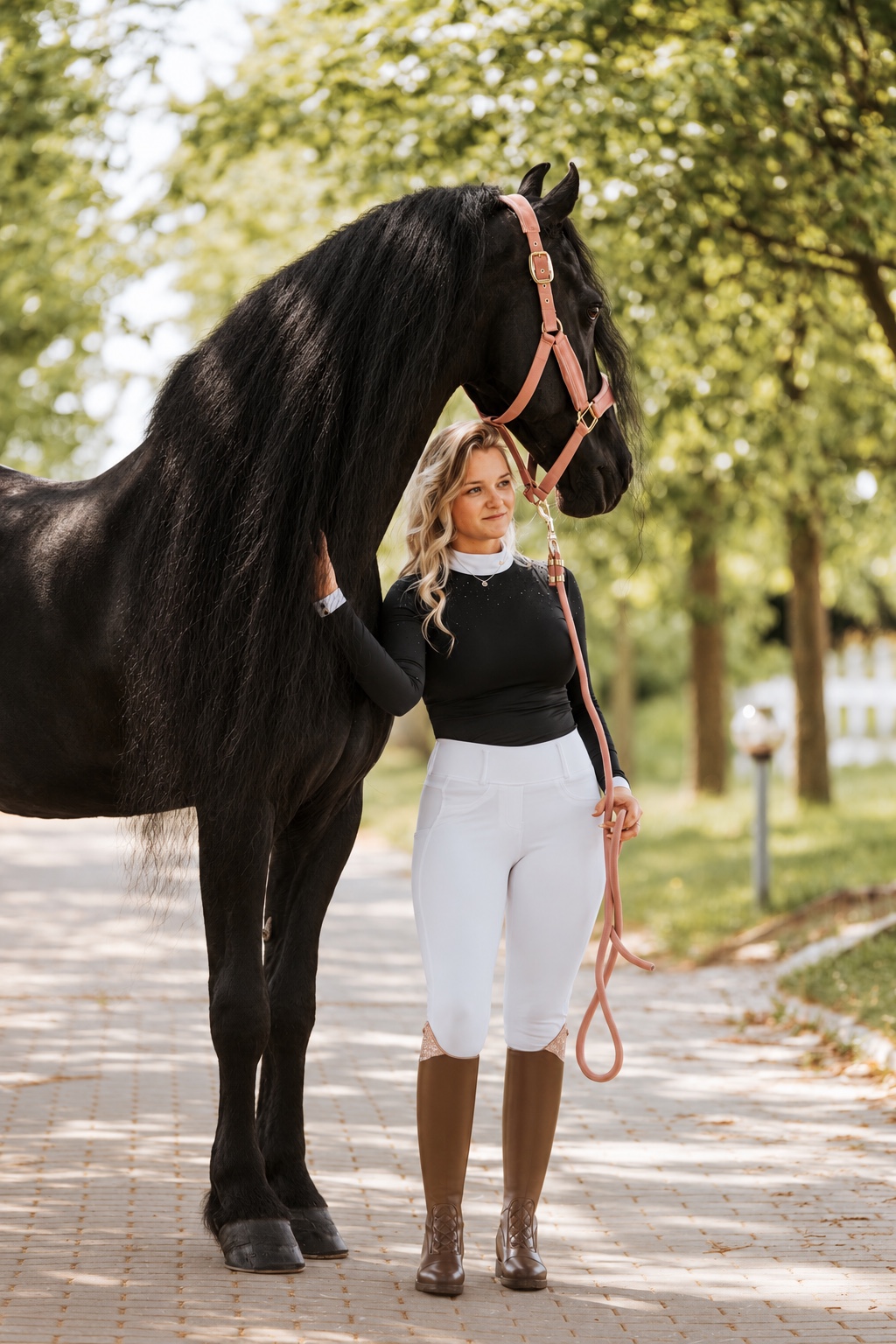 Žena s černým fríským koněm v aleji Horse Academy