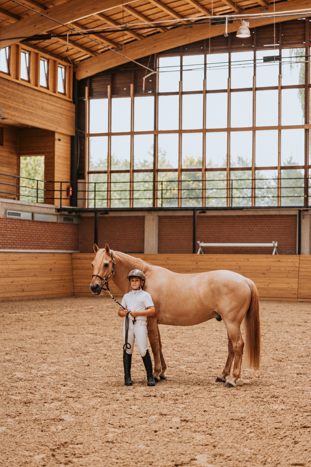 Chlapec se světlým koněm ve vnitřní hale Horse Academy